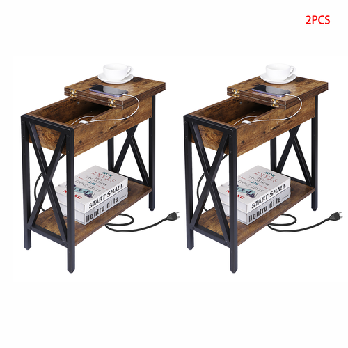 Set of 2 Flip Top End Tables Narrow Side Table W/ Charging Station Rustic Brown
