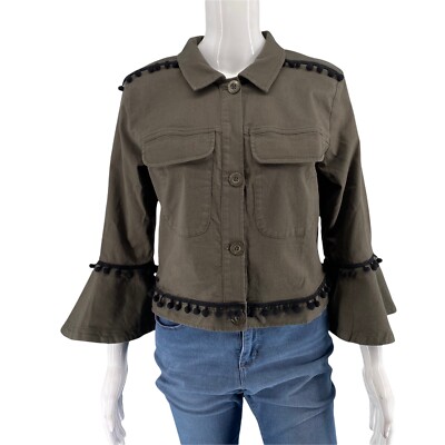 Du Jour Cropped Twill Button Front Jacket Pom Pom Trim Small Sz Olive w Pockets