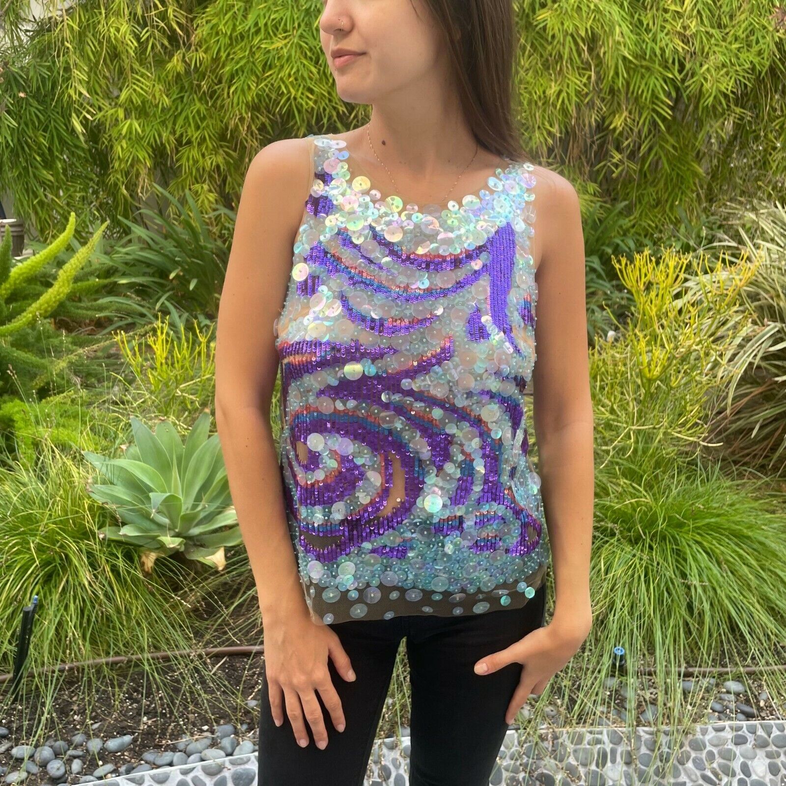 オープニング 大放出セール PUCCI EMILIO Vintage Print Geometric Sequin Paillette Sheer トップス