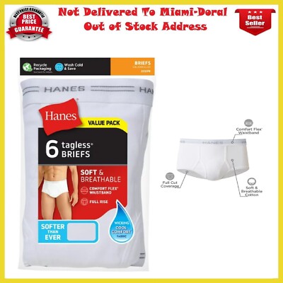 Hanes Briefs 6-Pack Men's Tagless Underwear White Comfort Soft Waistband Wicking