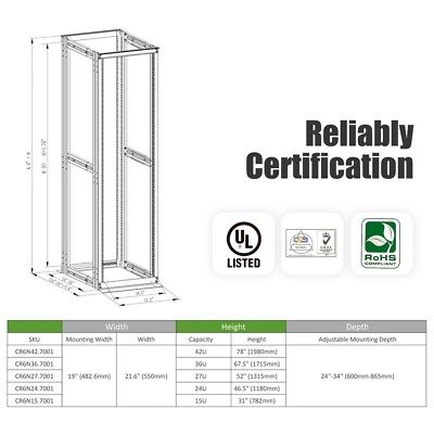 RAISING ELECTRONICS 4 Post Open Rack Frame Rack Enclosure 19 in Adjustable Deep