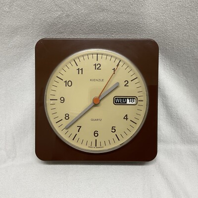 Vintage Kienzle Quartz Wall Clock Day / Flip Calendar 1970 s Rare Germany
