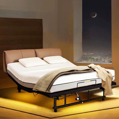 Queen Size Adjustable Bed Frame with Incline, Remote, Ports USB, Nightlights