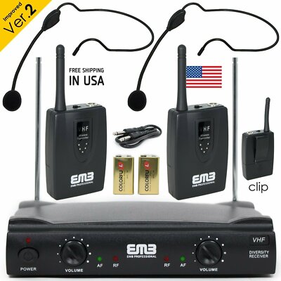 Professional Wireless Microphone System Dual Headset 2 x Mic Cordless Receiver
