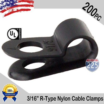 200 PCS PACK 3/16'' Inch R-Type CABLE CLAMPS NYLON BLACK HOSE WIRE ELECTRICAL UV