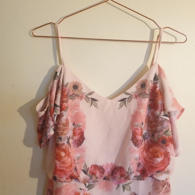 Oasis Blush Pink Floral Dress Sz 12 Cold Shoulder Pencil Chiffon New