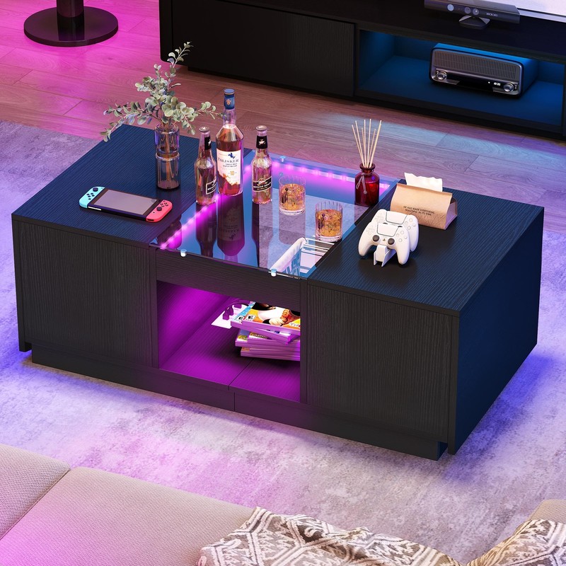 LED Coffee Tables Rectangle Center Table with Charging Stati