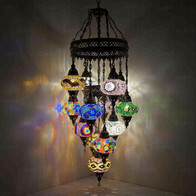 Multicolor Turkish Mosaic Chandelier - Handmade Moroccan Hanging Lamp 13 Globe