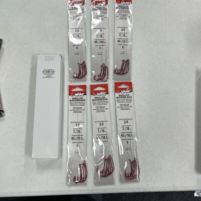 6pk Lot VMC Snelled Baithook Hook s Red Size 3/0 Length 7in Strength 40 Lbs