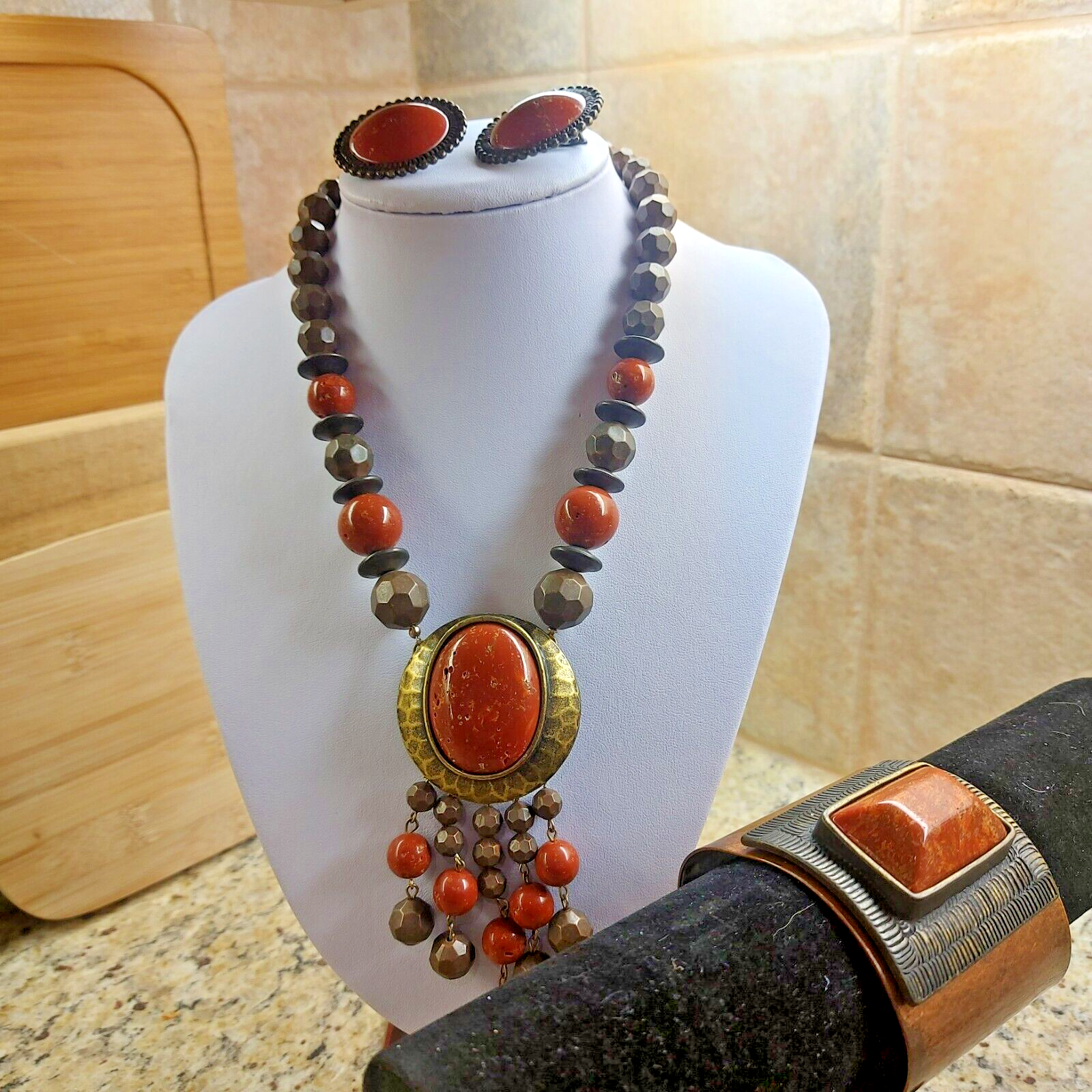 Rare Carol Dauplaise Signed Chunky Carnelian Necklace Bracelet and Earring set