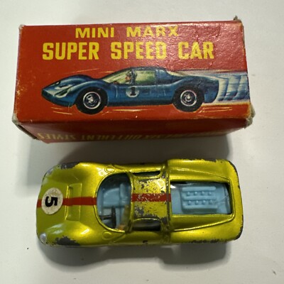 VINTAGE MINI MARX SUPER SPEED CAR RACE YELLOW #5 UNO FERRARI HONG KONG W/ BOX