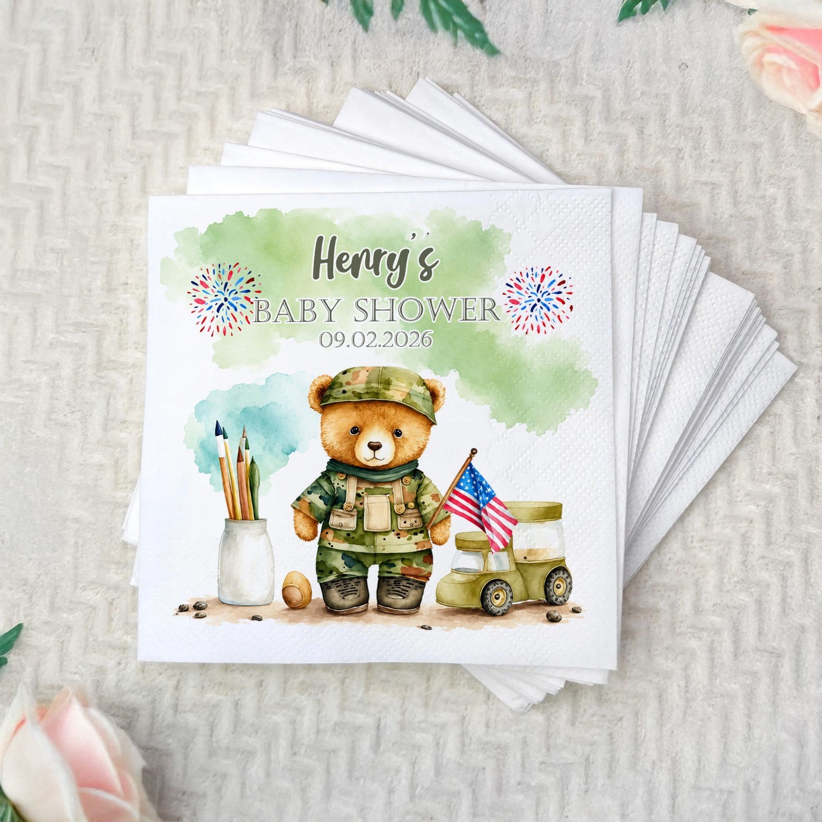 Military Baby Shower Napkins Personalized Army Teddy Bear Decor SATTNA0731