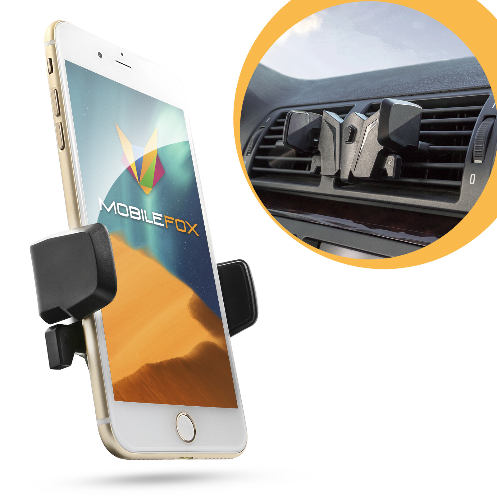 Support Téléphone Voiture Mobilefox Universel, Fixation Grille Aération, Noir, Gravité