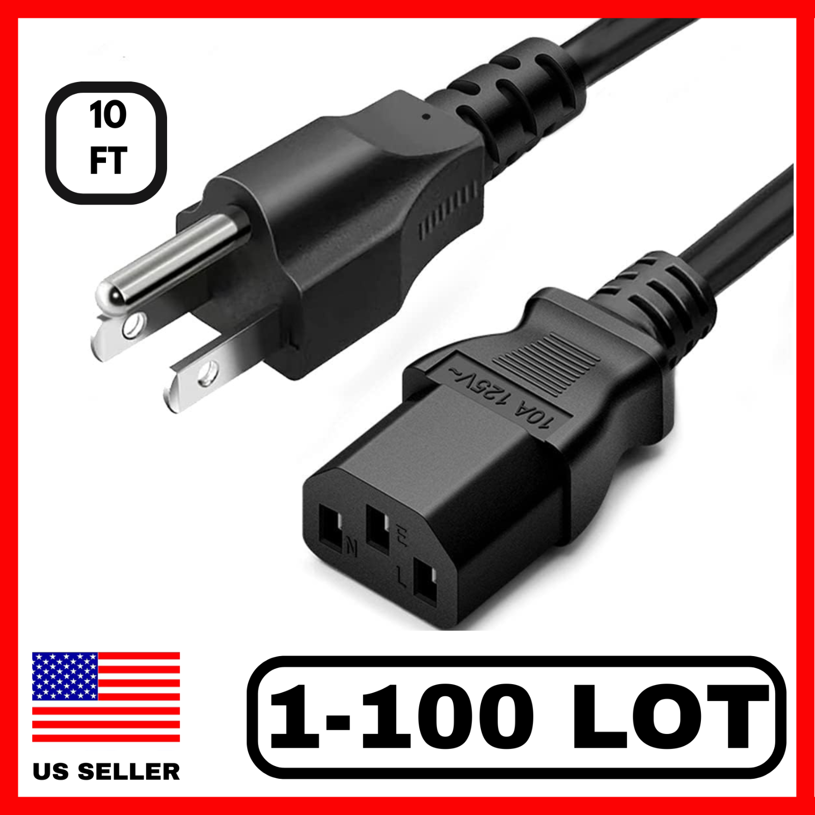 Lot 1-100 AC 3 Prong Universal Power Cord Long 10FT Cable For Computer Xbox Dell