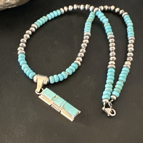 Pre-owned Handmade Blue Kingman Turquoise Inlay Pendant Navajo Sterling Silver Necklace 21” 16930