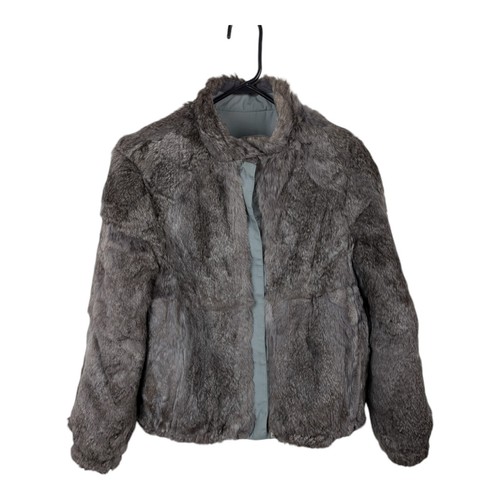 Vtg Mademoiselle Rabbit Fur Reversible Gray Zip Ski Jacket