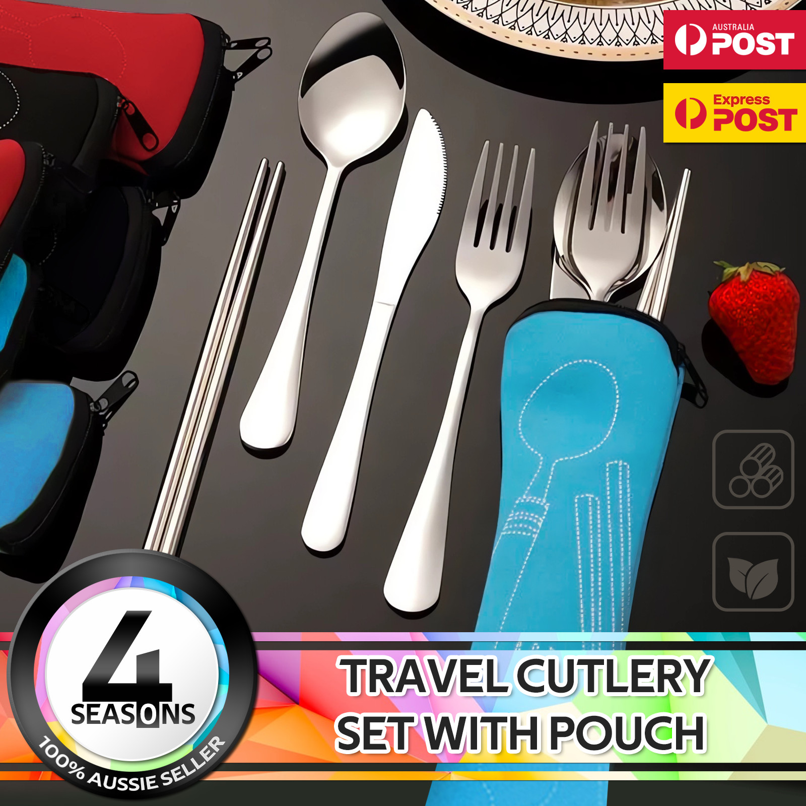 5 Pcs Premium Cutlery Travel Portable Set Stainless Steel Knife Fork Spoon Set