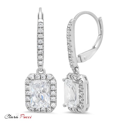 Pre-owned Pucci 3.37ct Simulated Diamond Emerald Halo Lever Back Drop Earrings 14k White Gold