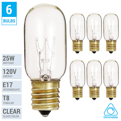 (6 Pack) 25T8/N T8 Microwave Refrigerator Bulb 25W Intermediate E17 Sign Clear