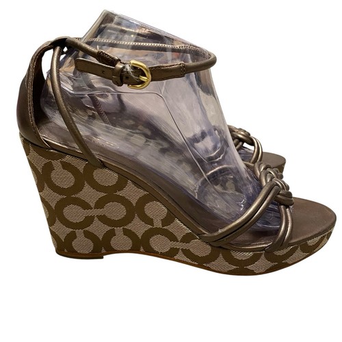 Coach Kinsey Wedge Sandals 9B Strap Signature Canvas Brown