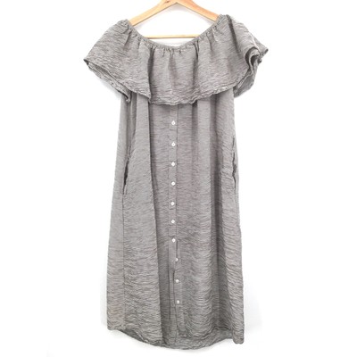Faithfull the brand Midi Dress White Gray Stripe Ruffle Off-Shoulder 4 womens