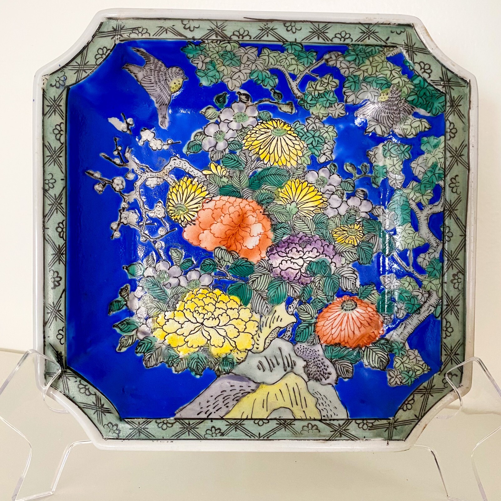 Vintage Antique Chinese Export BLUE Square Incised Birds Flowers Dish Tray Plate