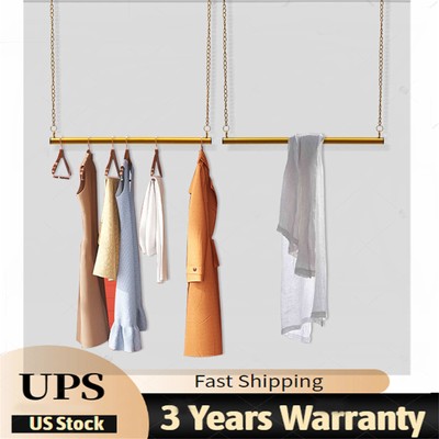 Metal Clothes Rack Laundry Garment Rod Gold Ceiling-mounted 2x Closet 4 Hooks 