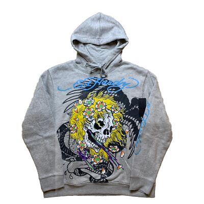 Ed Hardy Hoodie Yellow Hair Skull Heather Grey Pullover - Size L - NWT $ 98.00