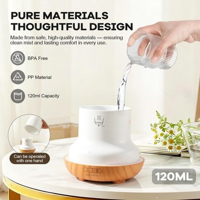 Essential Oil Diffuser with Night Lamp | 120ml USB Portable Aroma Diffuser with Wood-Grain Base & Glass-Look Cover | Humidifier with Lights | Small Humidifier for Bedroom, Office | Room Décor | Gift Additional Image