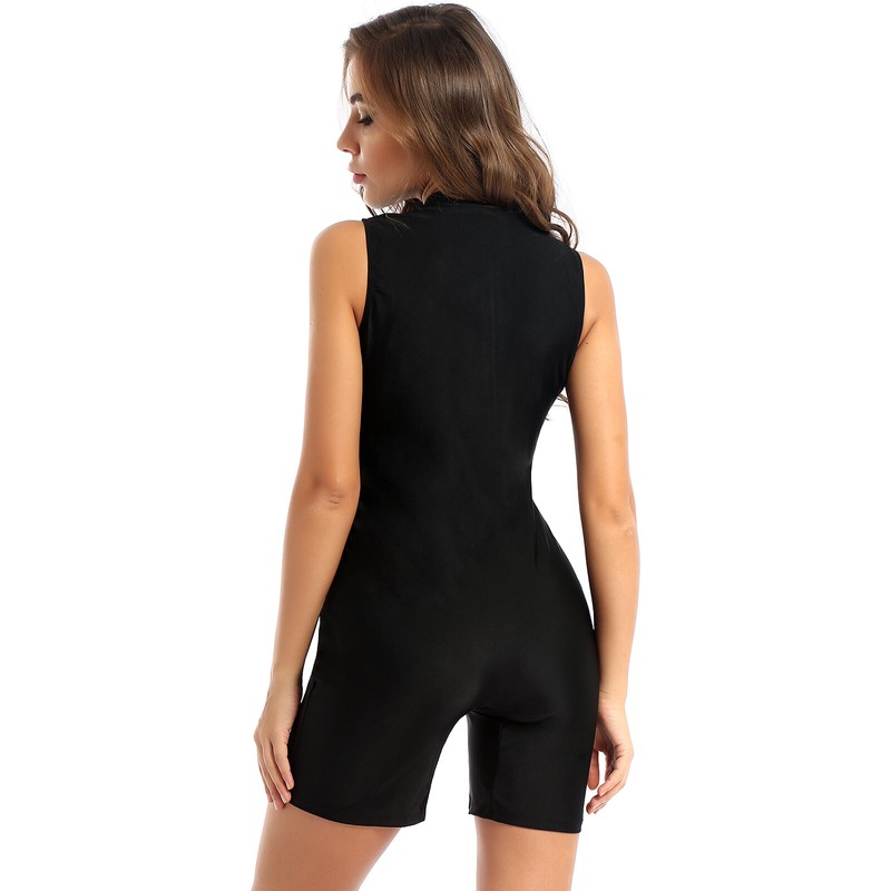 US Women One-piece Front Zipper Boyleg Bodysuit Sleeveless Athletic Bathing Suit