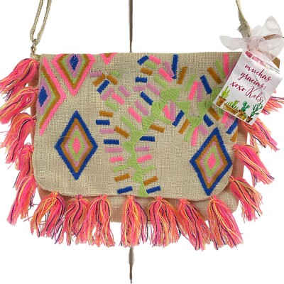 America & Beyond Purse Satchel Bag Aztec Design Embroidered Fringe Jute Nwt