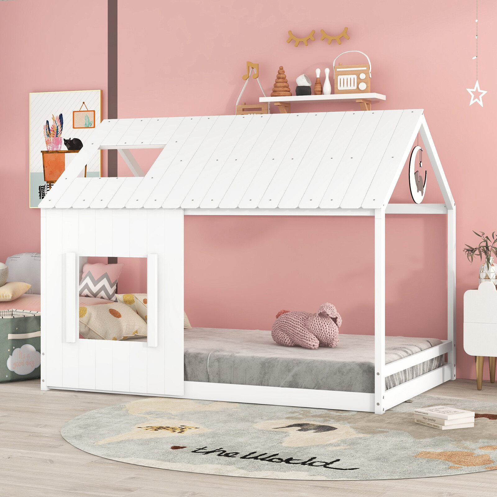 Twin/Full Size House Bed with Roof & Window Floor Bed Platform Bed Wooden Frame