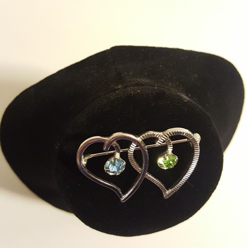 Van Dell Sterling Silver Double Heart Blue and Green Rhinestones Brooch Vintage