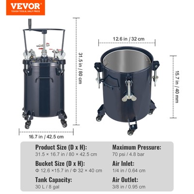 VEVOR Spray Paint Pressure Pot Tank 30L/8gaL Pressure Feed Tank with Regulator