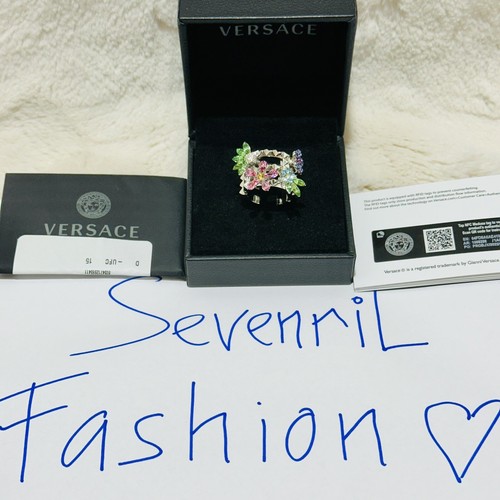 Pre-owned Versace Greca Multi Color Crystal Flower Bloom Silver Ring Size 15/us 7 $675