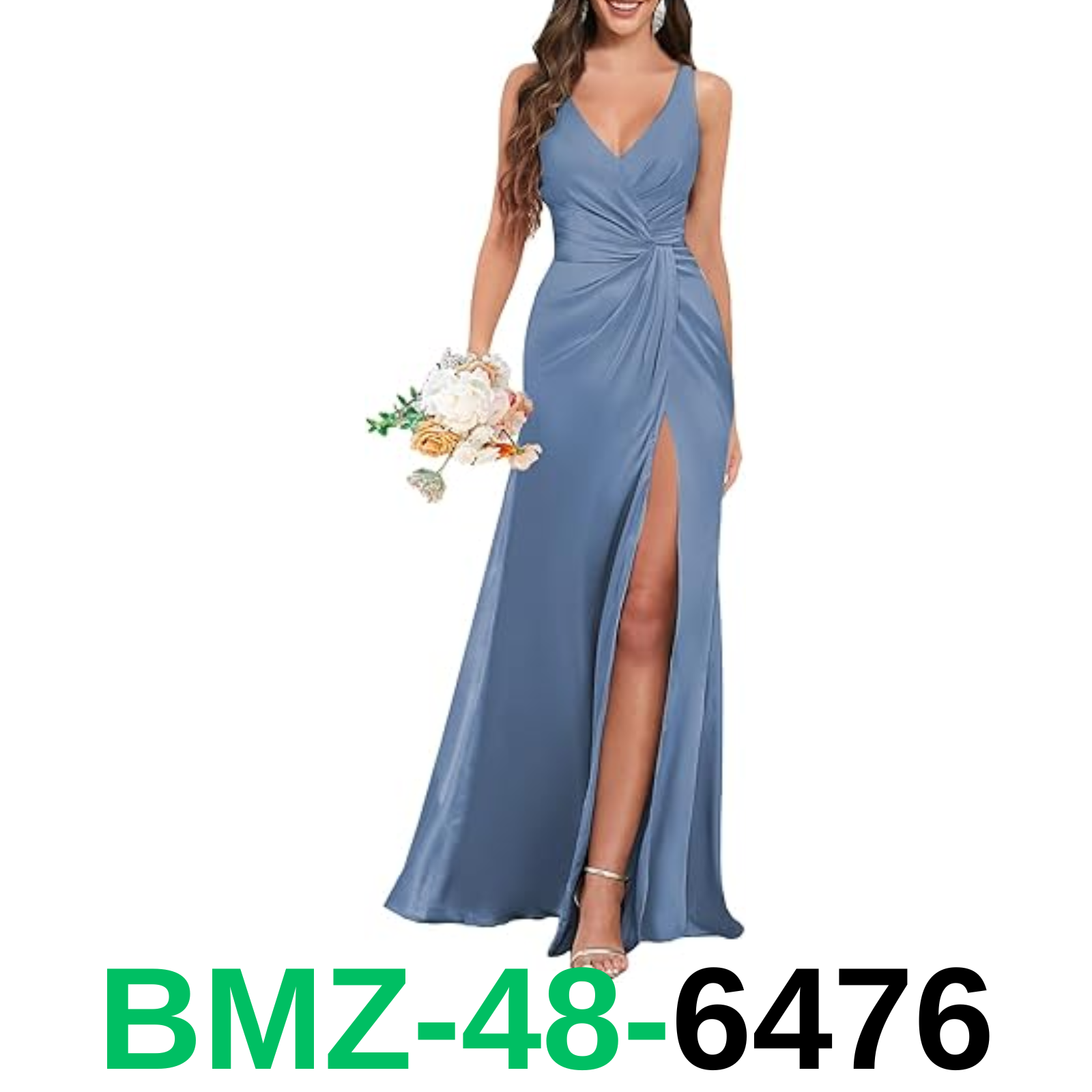 MAGGCIF Mermaid Dusty Blue Wedding Guest Dresses Ruched V Neck Satin Long, 8