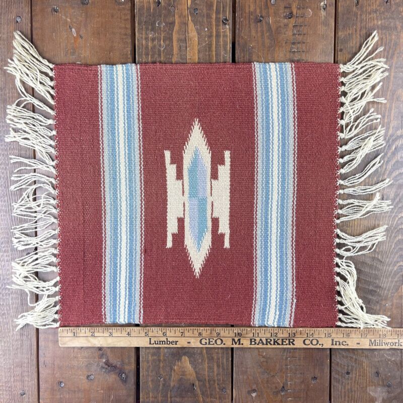 Vintage Chimayo Wool red blue Weaving Mat Rug Sample Place Mat Decor Southwest