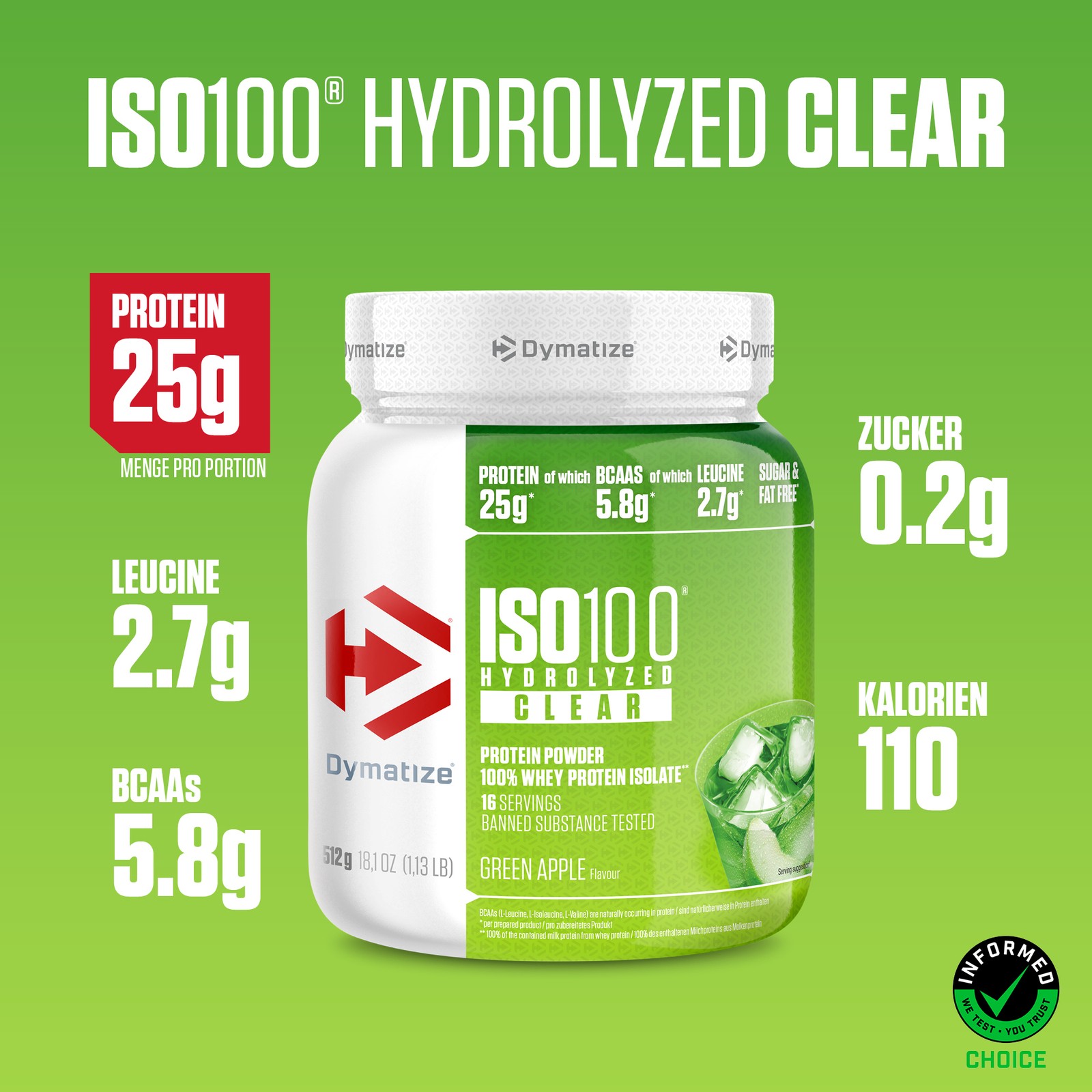 Dymatize ISO 100 Hydrolized Clear Green Apple 512g Whey Protein Pulver - Bild 2 von 6