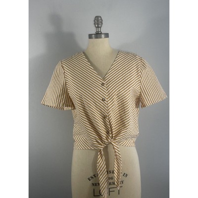 MNG By Mango Women's Size 6 Tie-Front Button Crop Top Yellow White Stripes