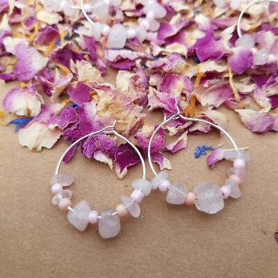 ROSE QUARTZ CRYSTAL HOOP EARRINGS HANDMADE