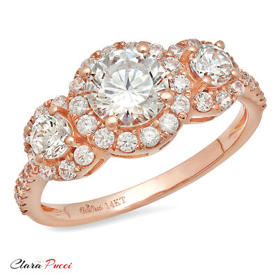 Pre-owned Pucci 1.75 Round Halo 3 Stone Moissanite Classic Bridal Statement Ring 14k Rose Gold In White/colorless