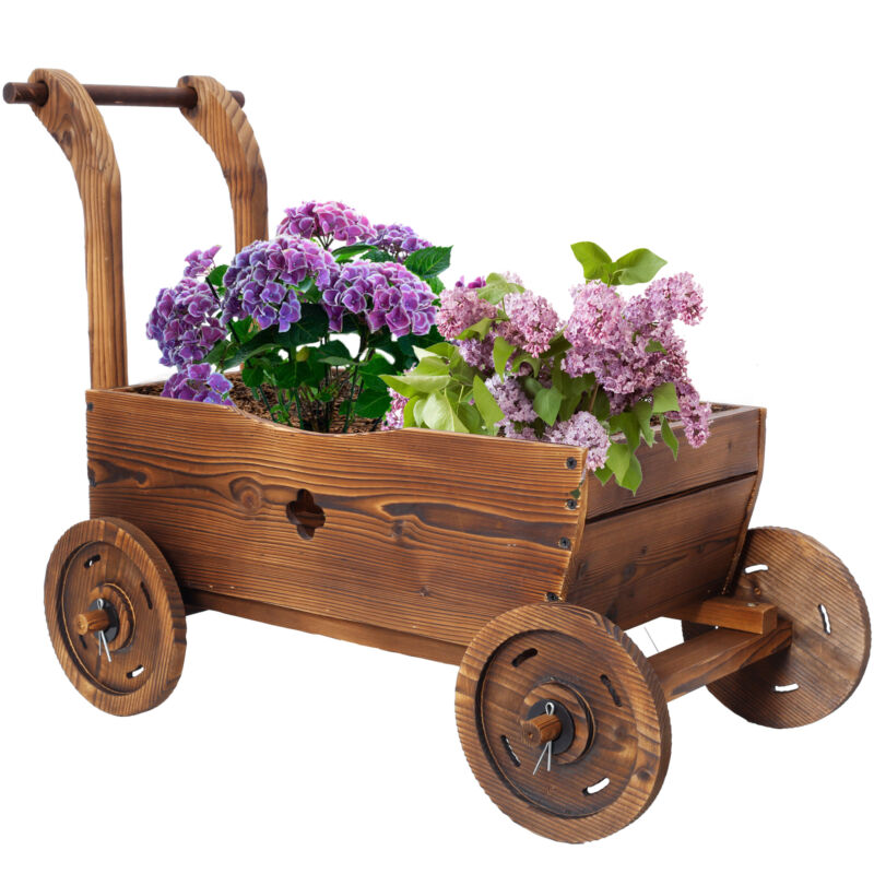 Wooden Wagon Planter Box,Mobile Garden Planter w/4 Wheels,Handle,Dra"Hole,Decora