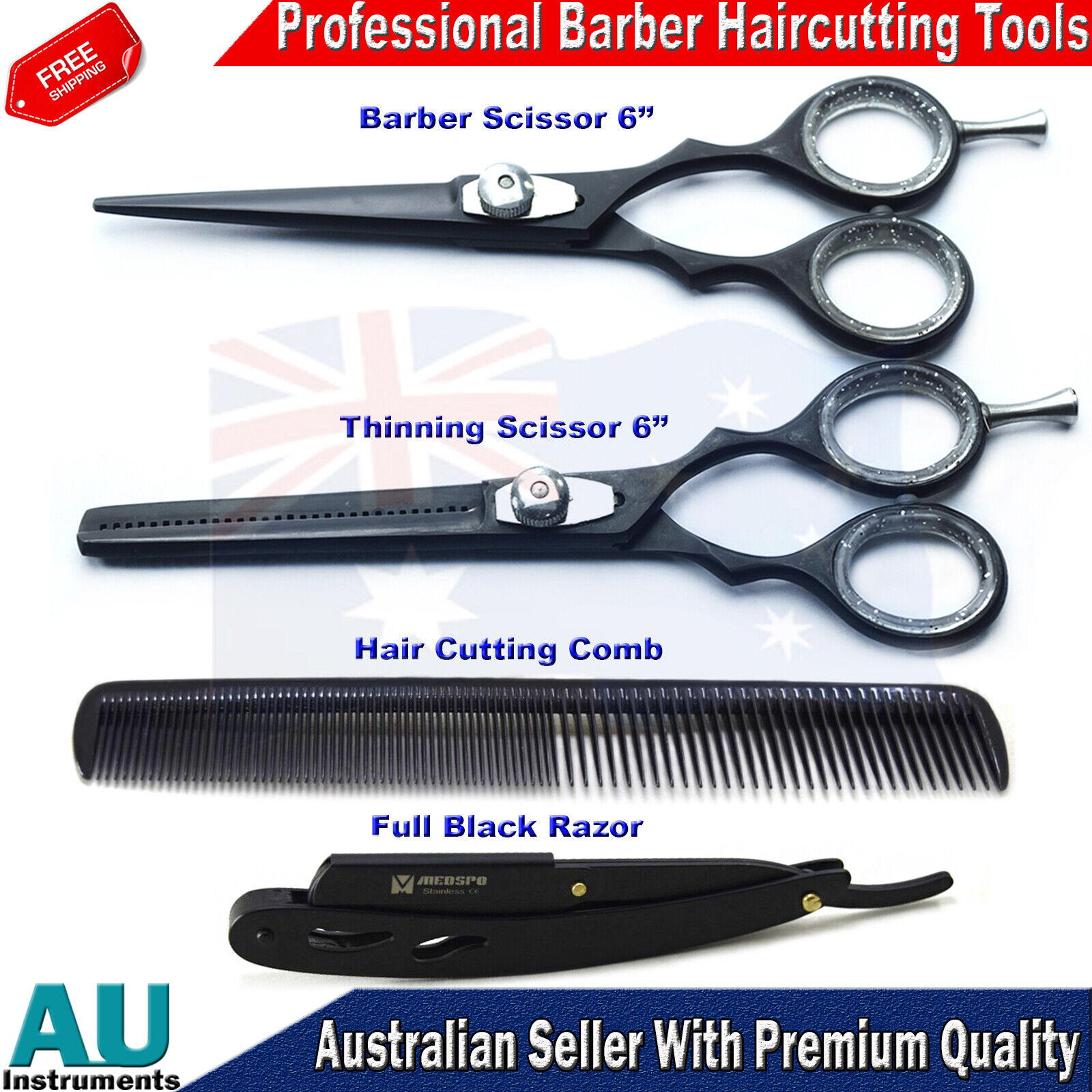 Barber Salon Scissor Thinning Shear Hair Shaving Razor Stylish Comb Kit Tools