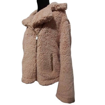 NEW Silver Jeans Pink Teddy Biker Moto Jacket Coat Soft Furry Sherpa Large