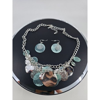 Silver Tone Seafoam Green Disc Statement Necklace and Drop Earring Jewelry Set