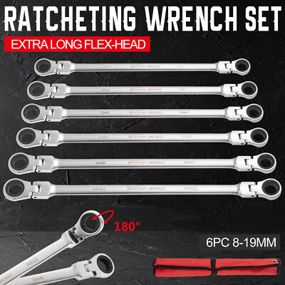 Extra Long Flex Head Ratcheting Wrench set 6PC Double Box End Metric 8-19 Pouch