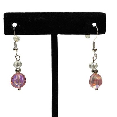 Pink Aurora Faceted Crystal Beaded S925 Sterling Hook Dangle Earrings 1.5 in