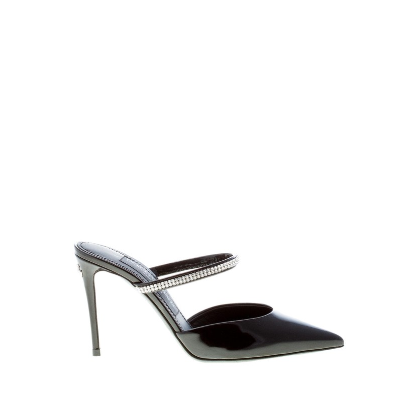 Dolce & Gabbana Chaussures Femme Black Shiny Leather Cardinale Mule Rhinestones