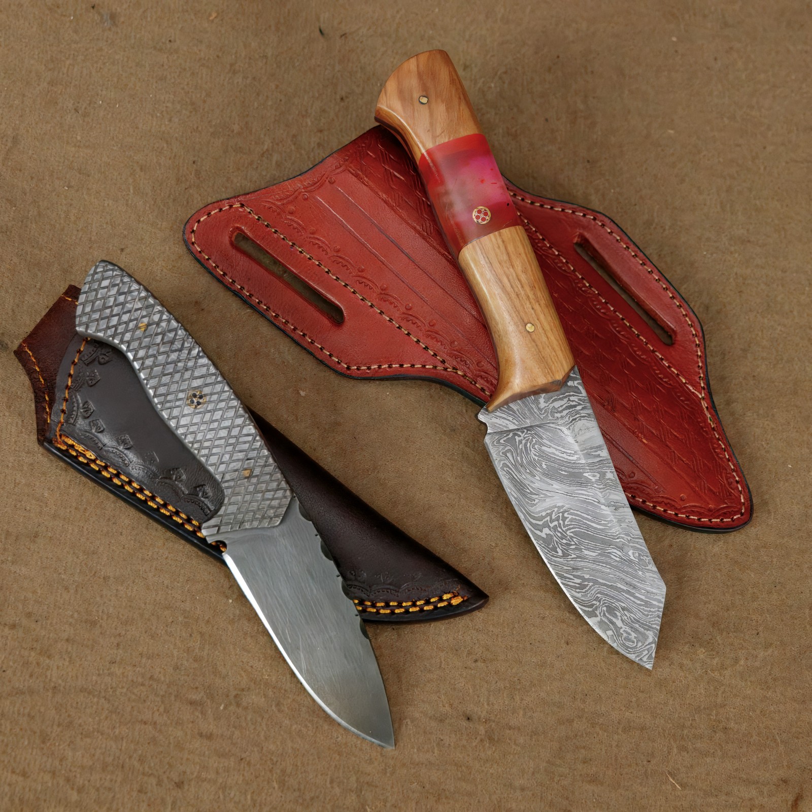2pc Custom Fixed Blade Set: Damascus Steel & 7.5