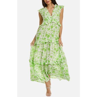 NWT Bindu Kassandra Maxi Green White Tiered Sleeveless Dress Sz L